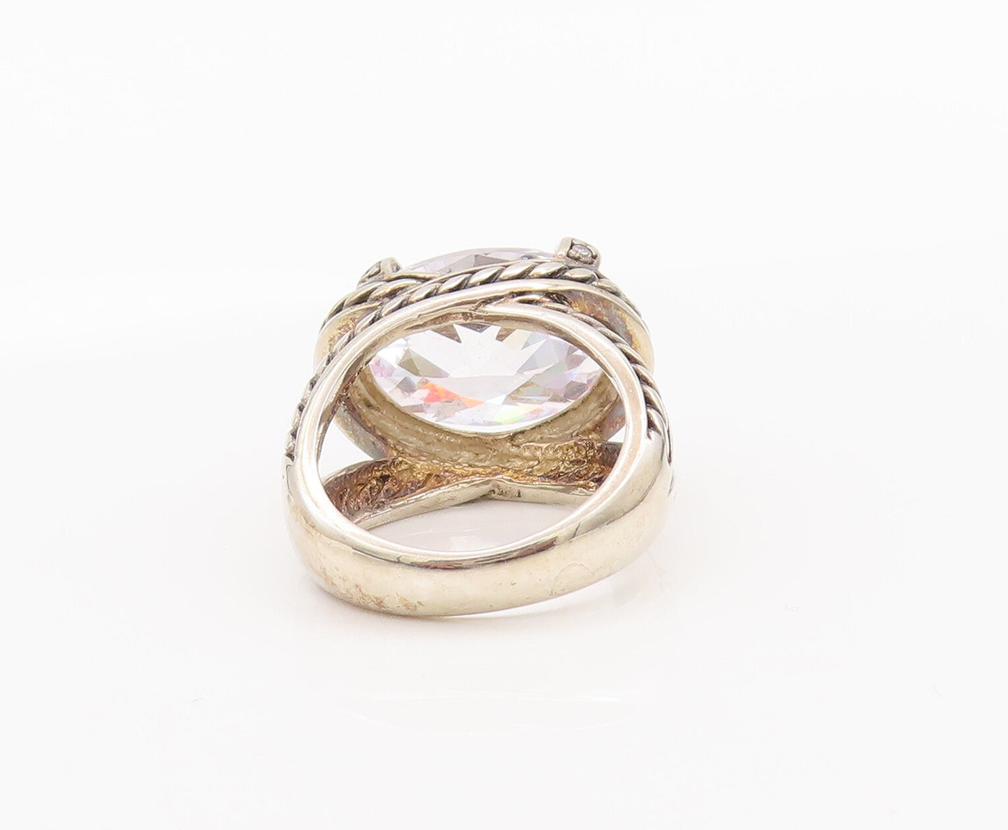 925 Sterling Silver Vintage Ring CZ Twisted Rope Carved Split Neck Sz 6  RG27747