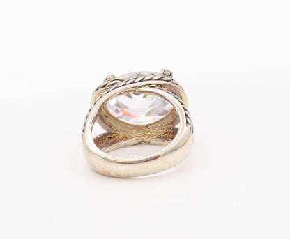 925 Sterling Silver Vintage Ring CZ Twisted Rope Carved Split Neck Sz 6  RG27747