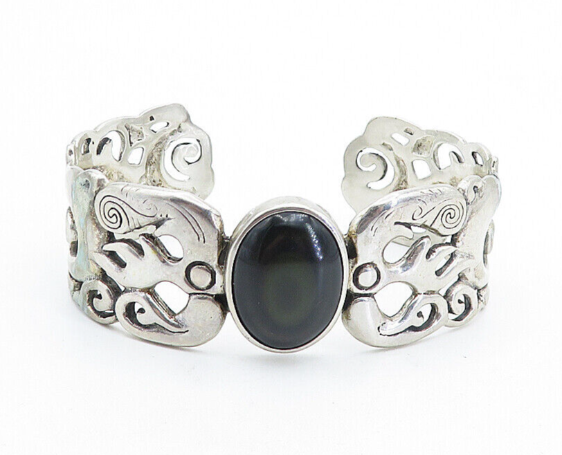 925 Sterling Silver  Vintage Black Agate Modernist Swirl Cuff Bracelet  BT2155