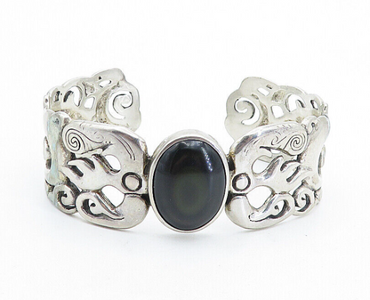 925 Sterling Silver  Vintage Black Agate Modernist Swirl Cuff Bracelet  BT2155