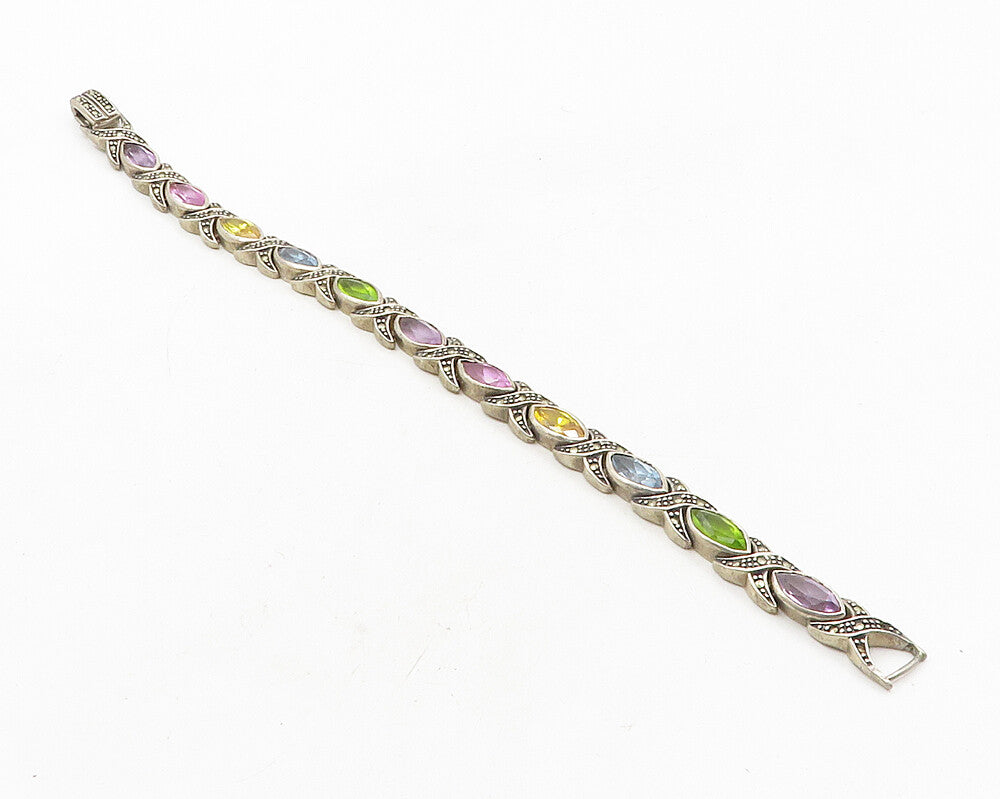 925 Sterling Silver Vintage Amethyst & Multi Stone Chain Bracelet BT4347
