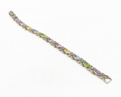 925 Sterling Silver Vintage Amethyst & Multi Stone Chain Bracelet BT4347
