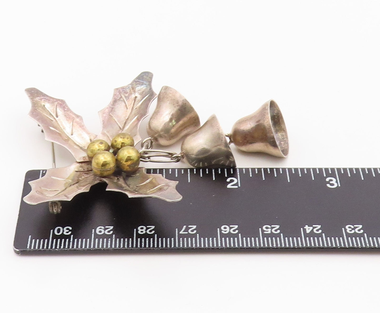 925 Sterling Silver Vintage Brooch Pin TAXCO MEXICO Bells & Holl Leaf  BP12559