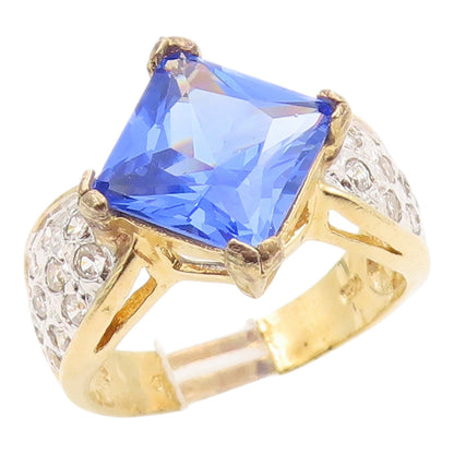 925 Sterling Silver Vintage Ring Gold Plated Blue & White CZ Band  Sz 9  RG35391