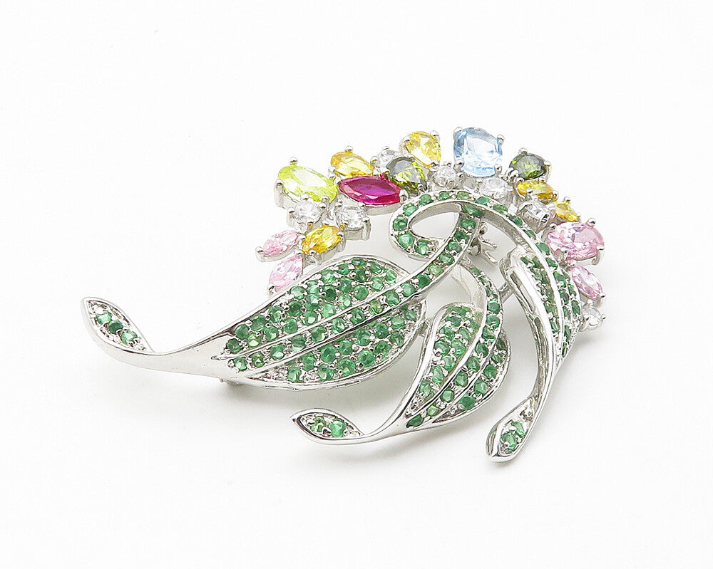 925 Sterling Silver Multi Color Cubic Zirconia Floral Motif Brooch Pin BP4265
