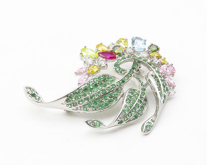 925 Sterling Silver Multi Color Cubic Zirconia Floral Motif Brooch Pin BP4265
