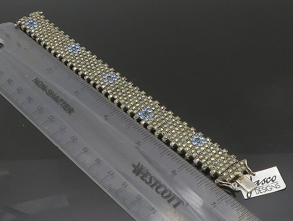 925 Sterling Silver  Topaz & Marcasite Floral Tennis Bracelet  BT1015