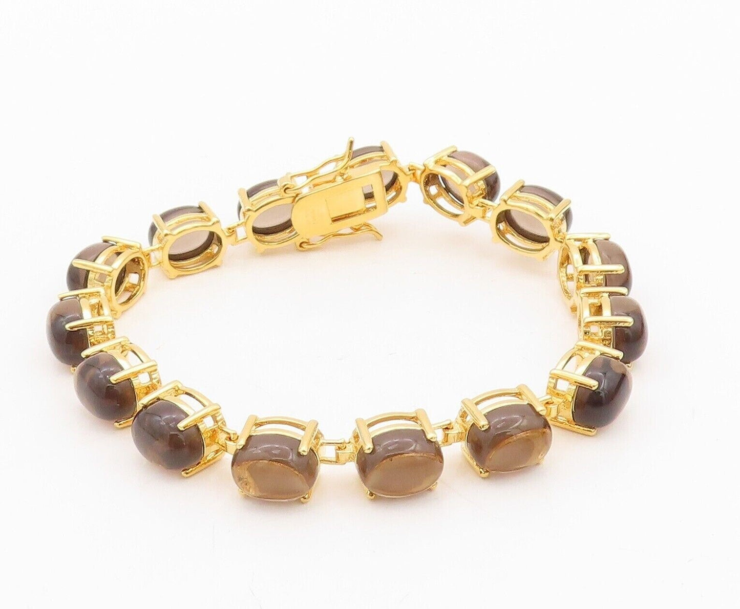 925 Sterling Silver Vintage Bracelet Gold Plated Cabochon Smoky Quartz  BT10776