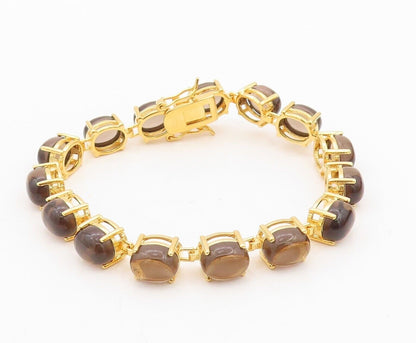 925 Sterling Silver Vintage Bracelet Gold Plated Cabochon Smoky Quartz  BT10776