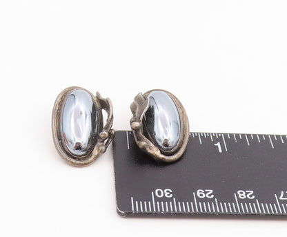 925 Sterling Silver Vintage Earrings Hematite Carved Leaf Motif Clip On  EG14102