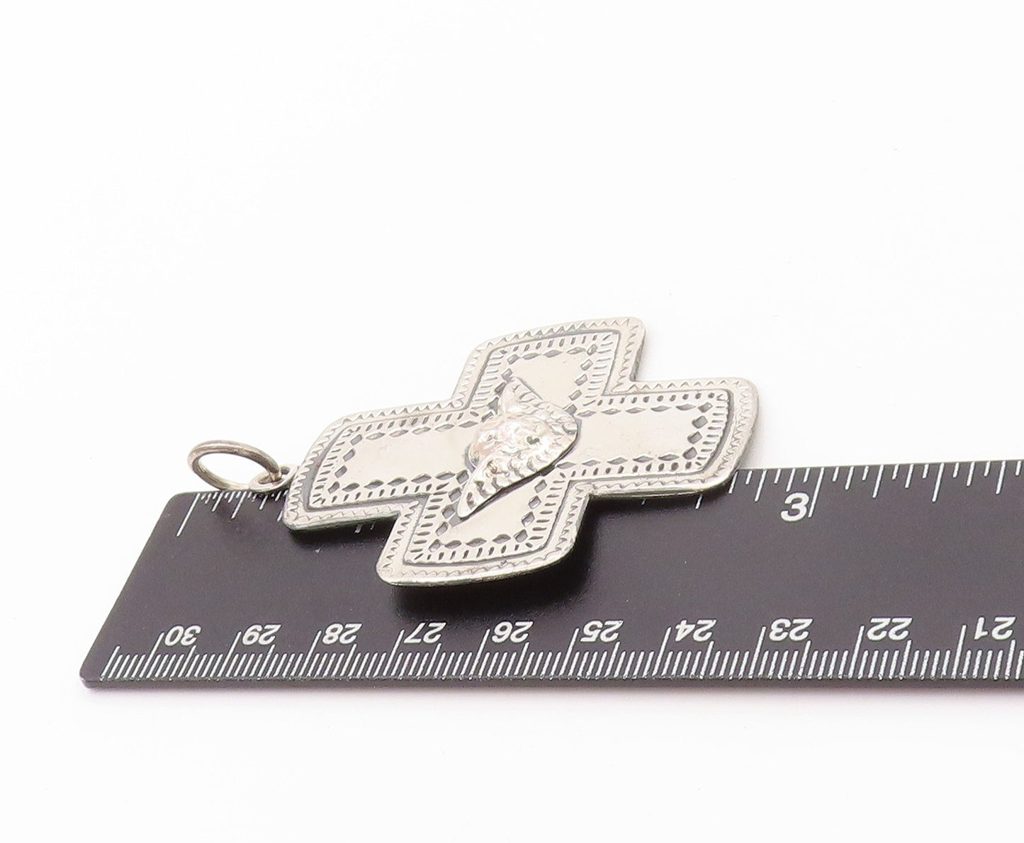 925 Sterling Silver Vintage Pendant MEXICO Four Way Cross Angel Carved  PT23995