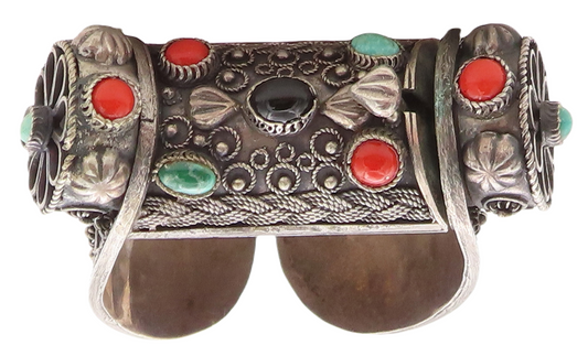 MIDDLE EAST 925 Silver  Vintage Antique Turquoise Coral & Onyx Bracelet BT1642