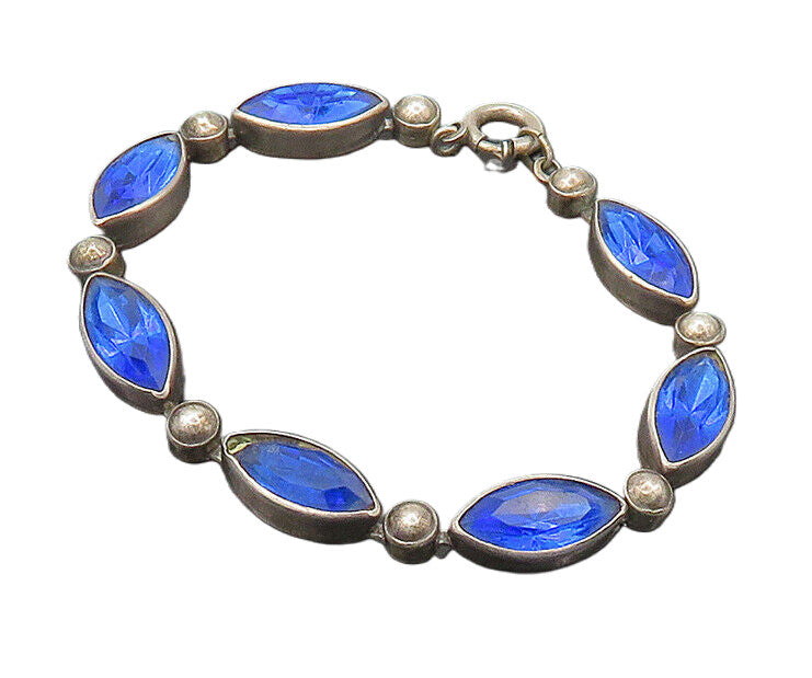 925 Sterling Silver  Vintage Marquise Cut Blue Stone Chain Bracelet  BT8478
