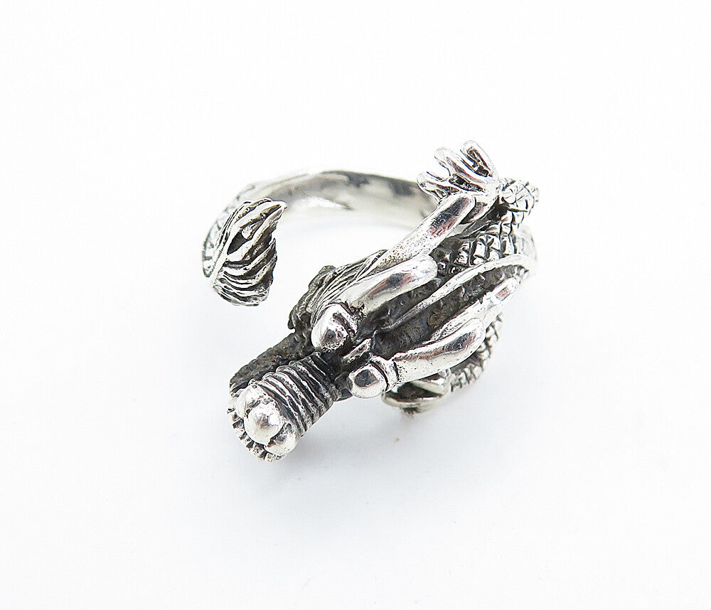 925 Sterling Silver  Vintage Dragon Head & Tail Motif Band Ring Sz 8.5  RG7334