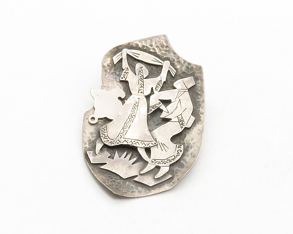 ISRAEL 925 Silver  Vintage Oxidized Dancing People Hammered Brooch Pin  BP4991