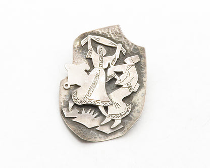 ISRAEL 925 Silver  Vintage Oxidized Dancing People Hammered Brooch Pin  BP4991