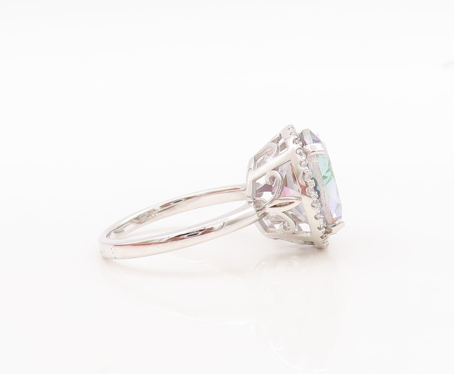 925 Sterling Silver Vintage Ring Round Cut Mystic Topaz Halo CZ  Sz 7  RG29744