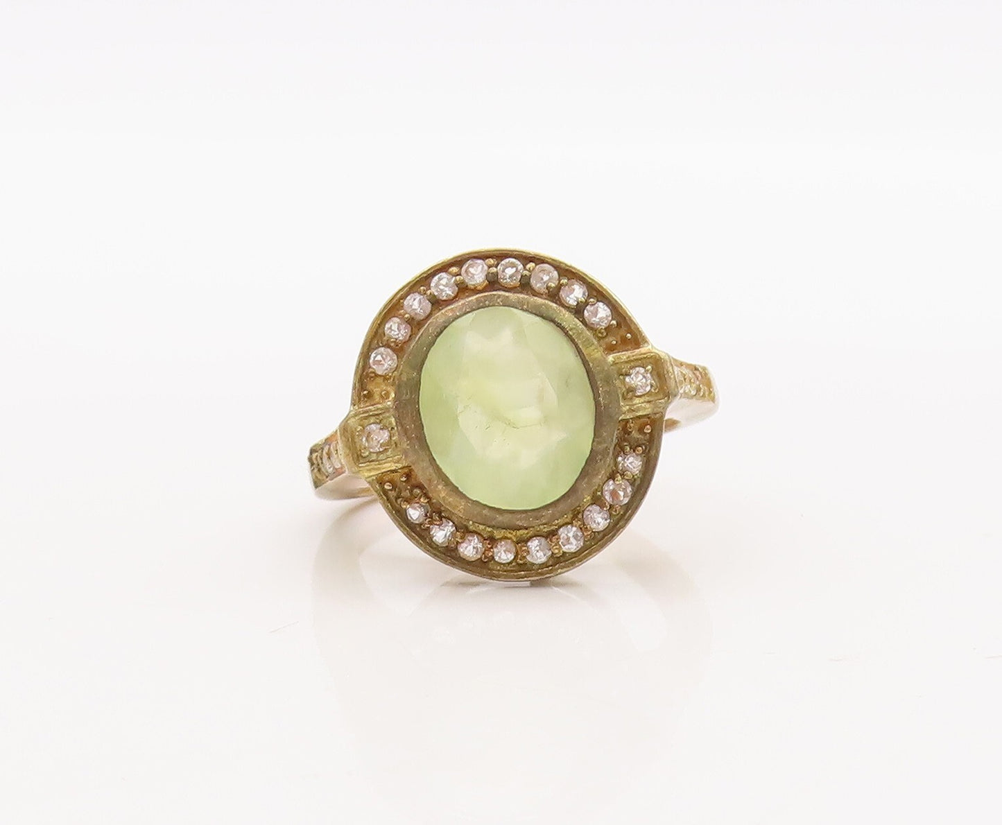 925 Sterling Silver Vintage Ring Gold Plated Green Gemstone & CZ  Sz 7  RG29818