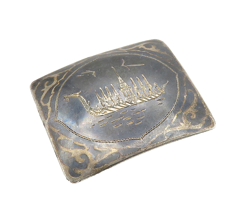 SIAM 925 Sterling Silver  Vintage Enamel Niello Dragon Boat Brooch Pin  BP6130