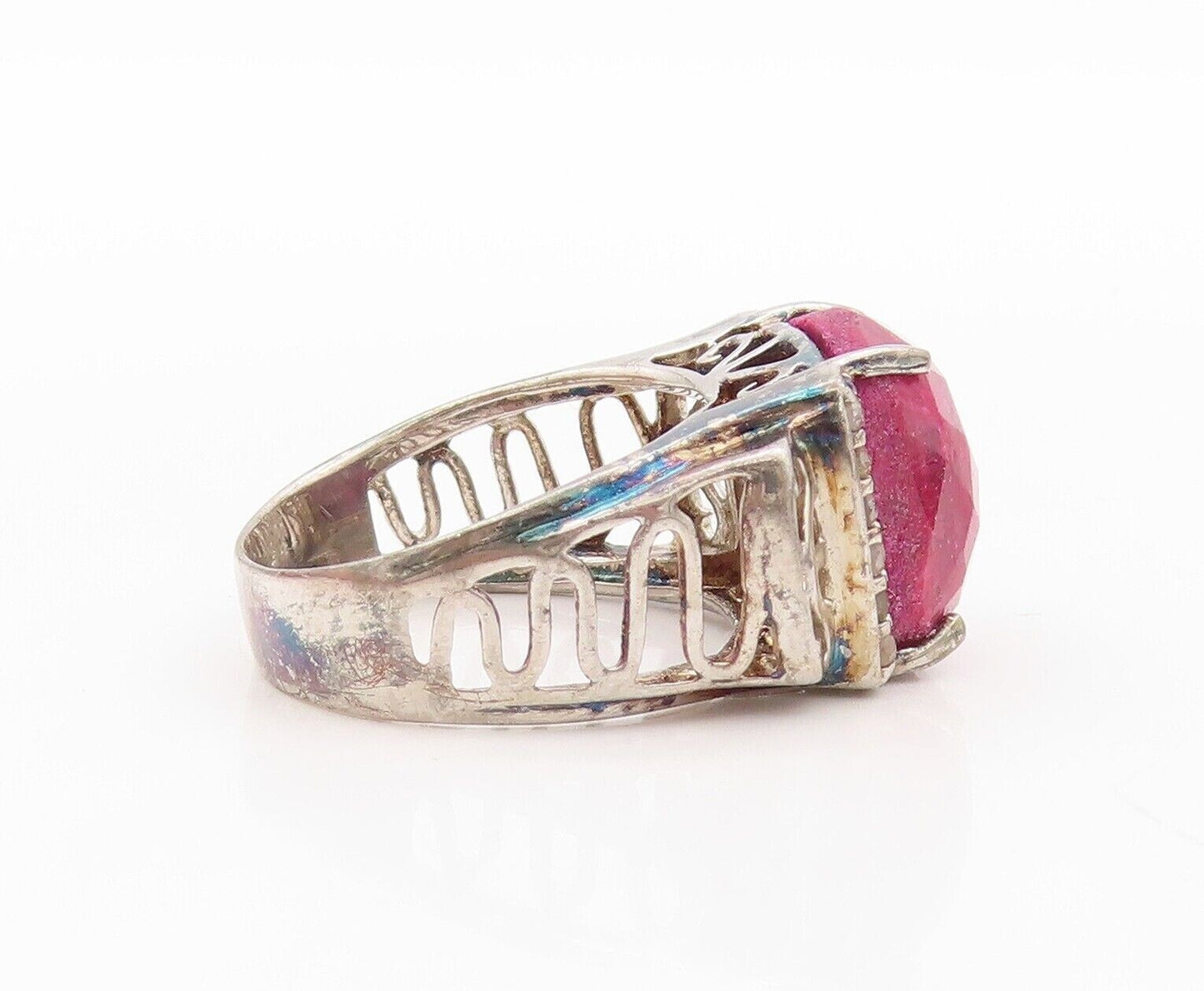 925 Sterling Silver Vintage Ring Diamonds Inlay Square Cut Ruby  Sz 7.5  RG30210