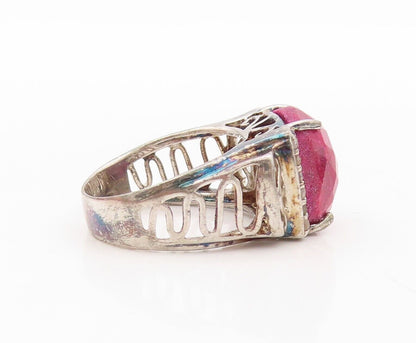 925 Sterling Silver Vintage Ring Diamonds Inlay Square Cut Ruby  Sz 7.5  RG30210