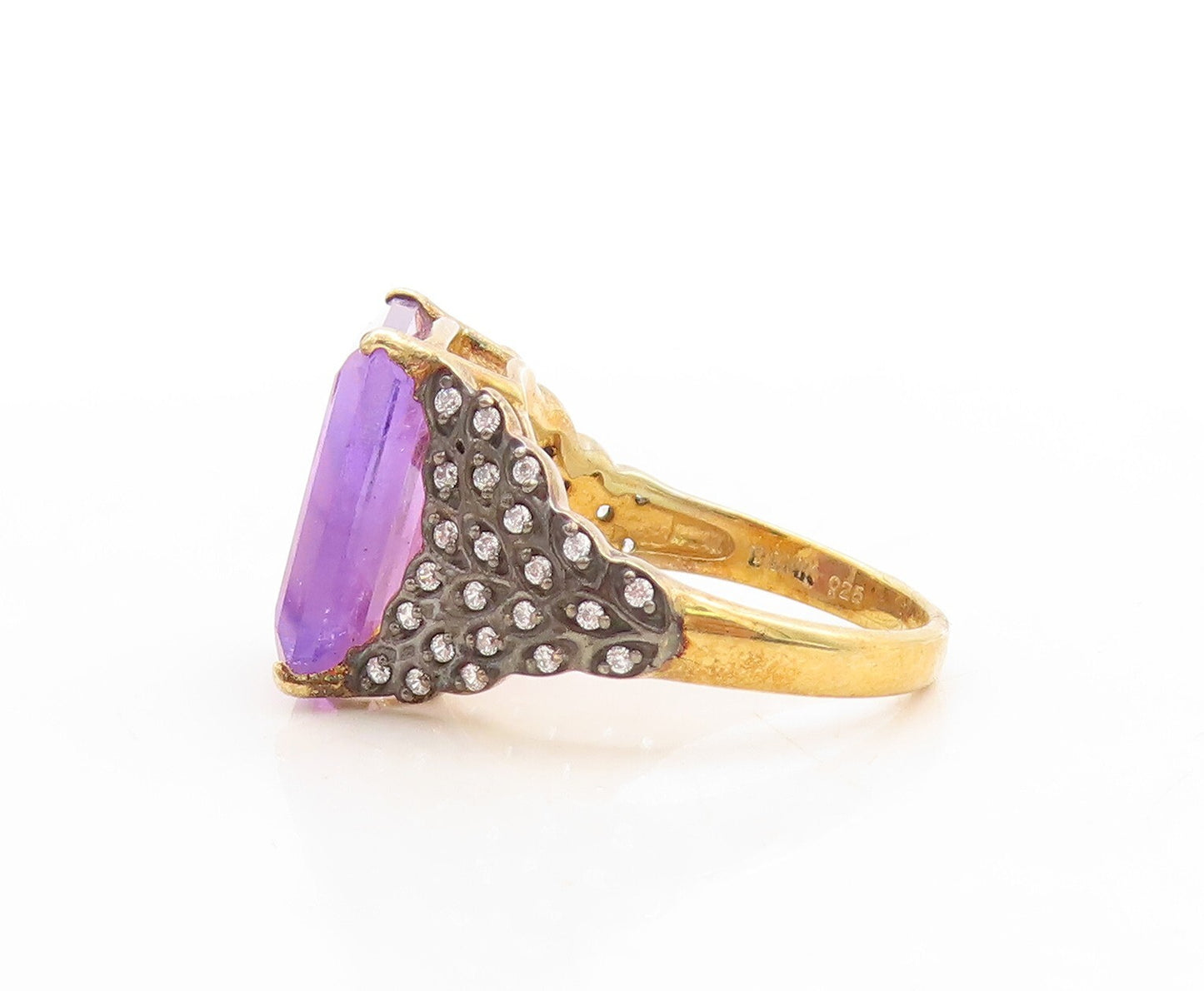 925 Sterling Silver Vintage Ring Gold Plated Amethyst & CZ Inlay  Sz 7  RG31213