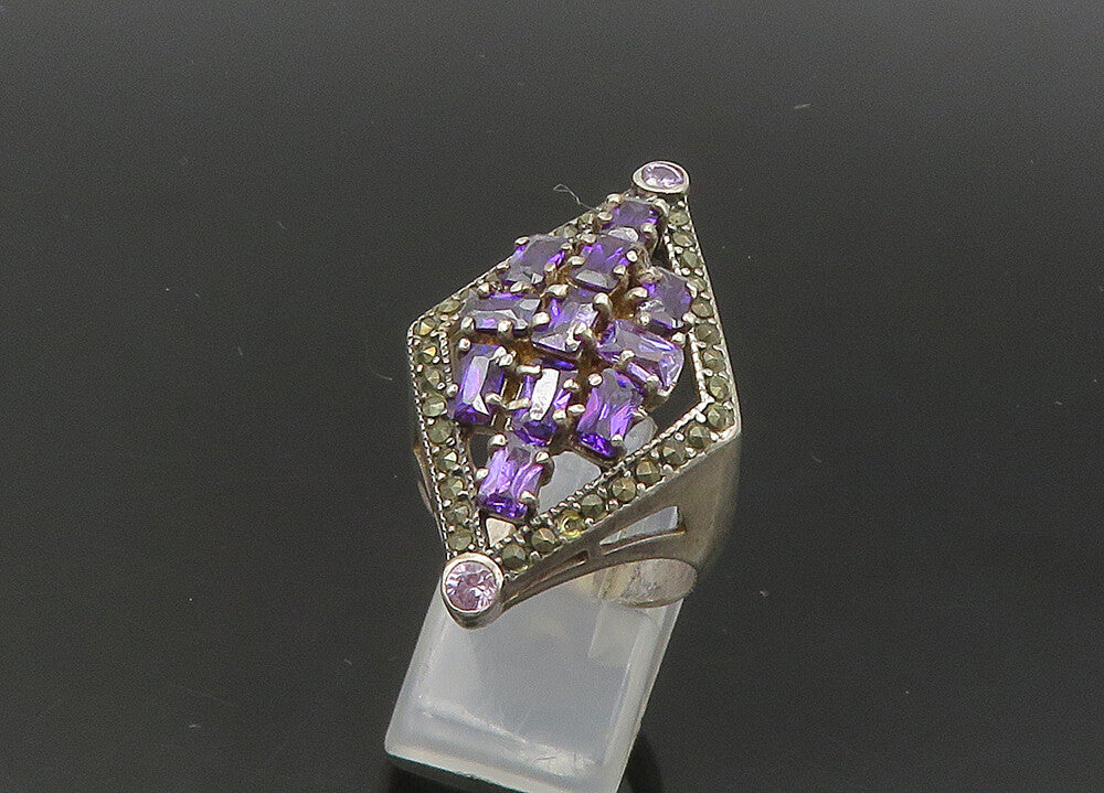 925 Sterling Silver  Vintage Amethyst Cluster Cocktail Ring Sz 9  RG22141