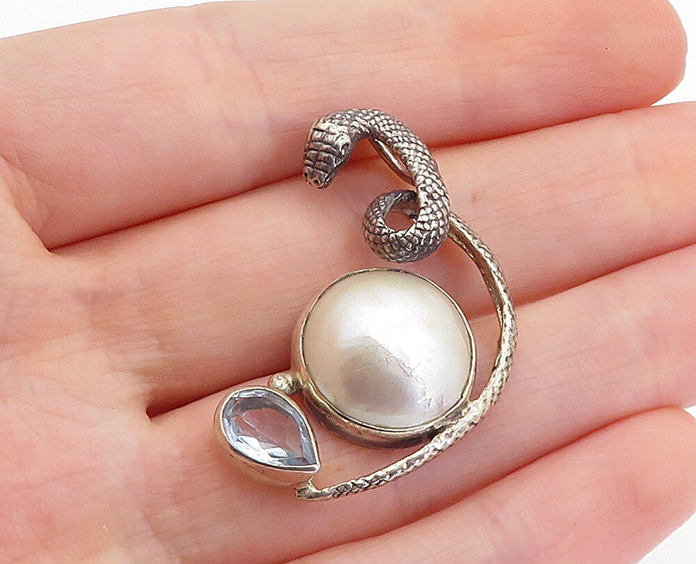 925 Sterling Silver Vintage Pearl Dome & Blue Topaz Snake Pendant PT5775