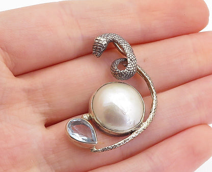 925 Sterling Silver Vintage Pearl Dome & Blue Topaz Snake Pendant PT5775