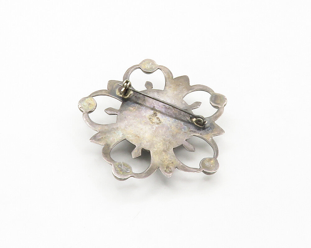 MEXICO 925 Silver  Vintage Antique Black Onyx Flower Motif Brooch Pin  BP6663