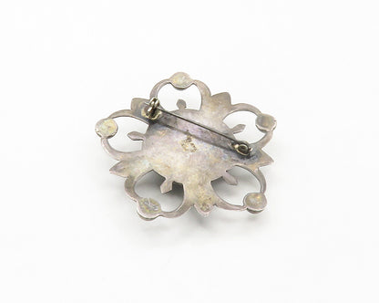 MEXICO 925 Silver  Vintage Antique Black Onyx Flower Motif Brooch Pin  BP6663