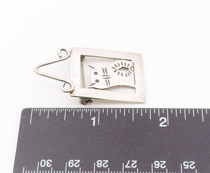 MEXICO 925 Sterling Silver  Vintage Framed Etched Cat Motif Brooch Pin  BP9460