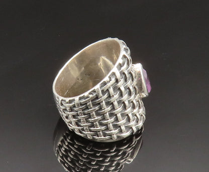 DESIGNER 925 Silver  Vintage Amethyst Basket Weave Wide Band Ring Sz 7 RG25022