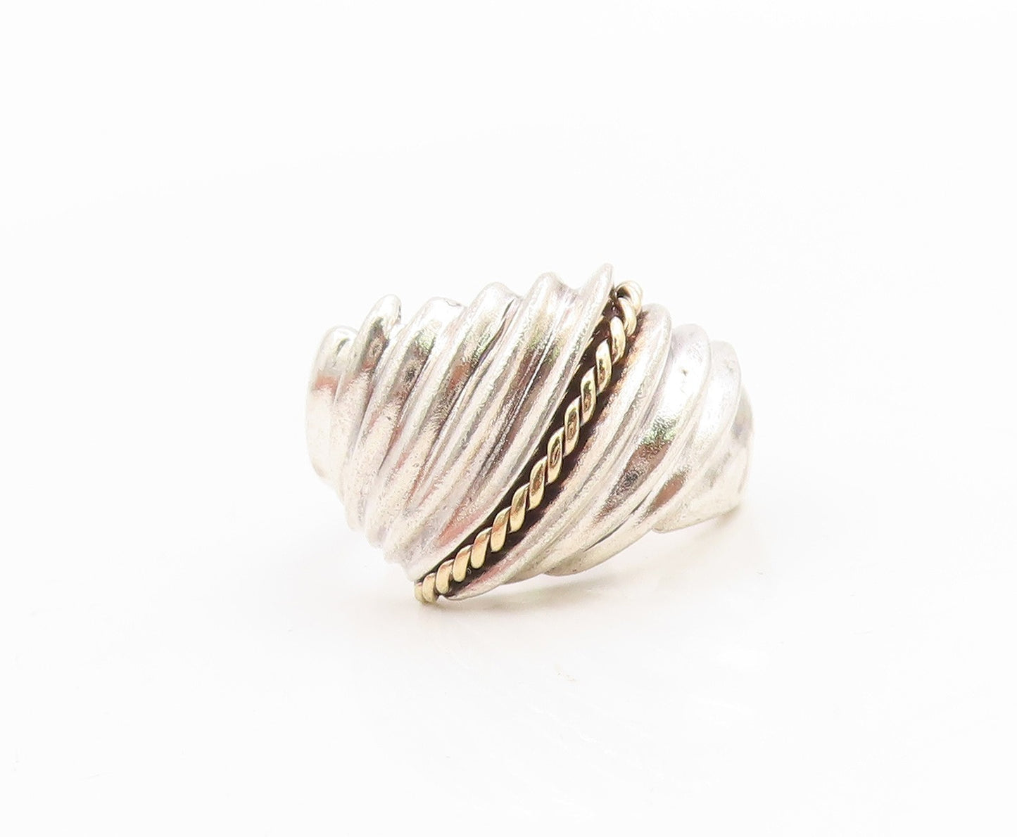 14k Gold & 925 Sterling Silver Vintage Ring Modernist Ribbed Dome  Sz 5  RG36197