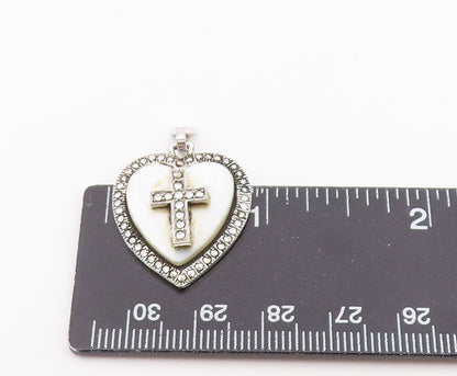 925 Sterling Silver Vintage Pendant Mother Of Pearl Love Heart & Cross  PT26413