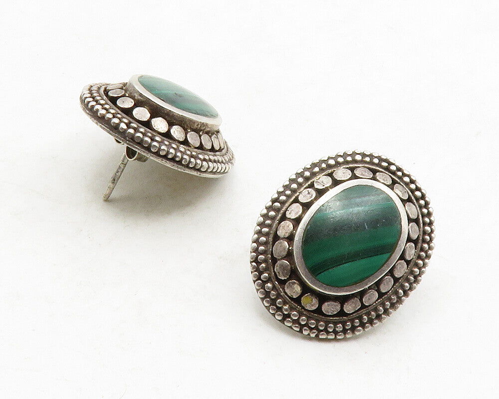 925 Sterling Silver  Vintage Malachite Circle Pattern Drop Earrings  EG6849