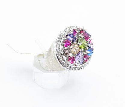 925 Sterling Silver Amethyst Topaz & Peridot Dome Cocktail Ring Sz 6 RG3632