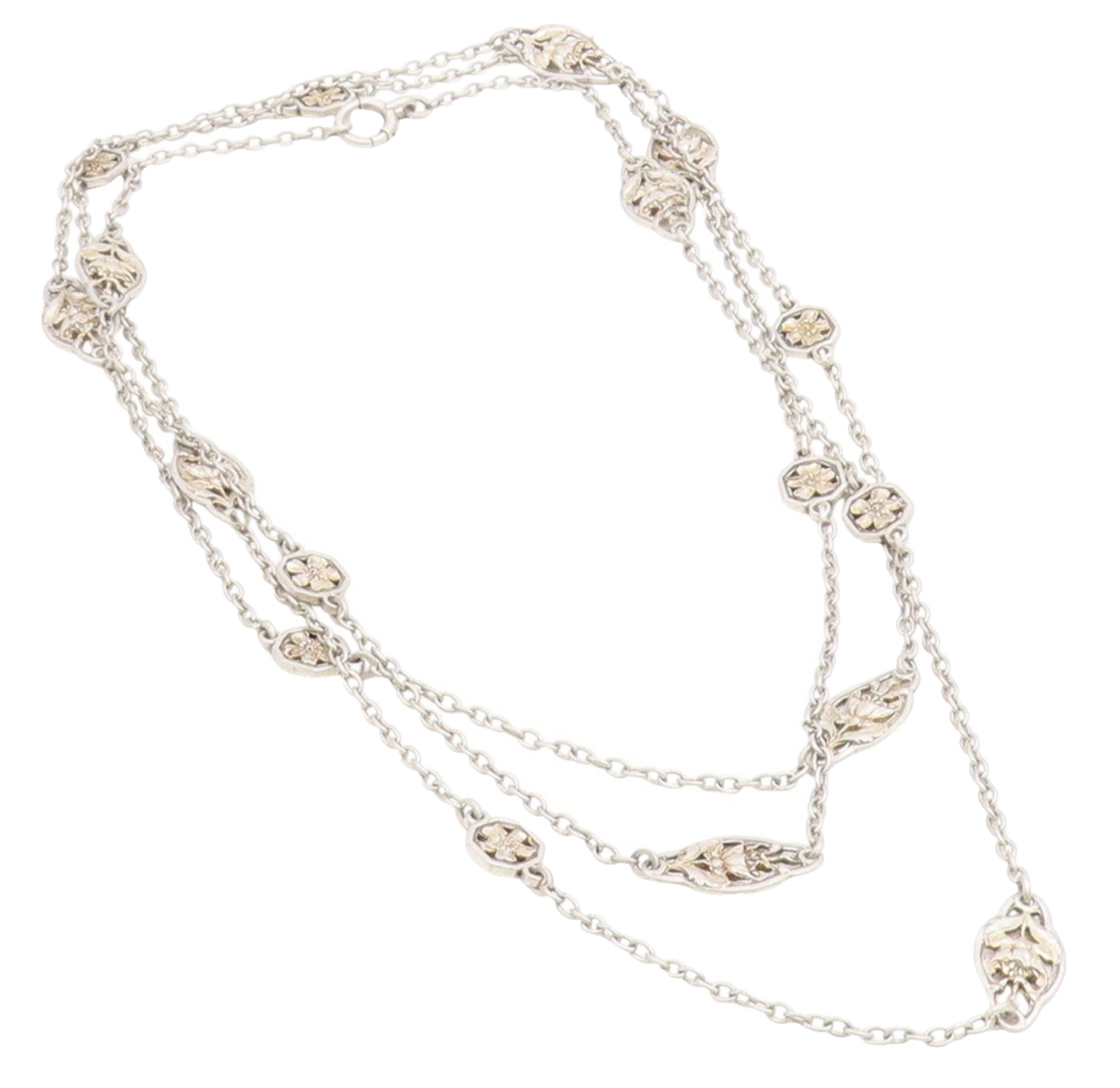 925 Sterling Silver Vintage Necklace Antique Floral Leaf Motif Long Chain NE4795