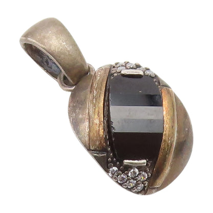 10k Gold & 925 Sterling Silver Vintage Pendant Black Onyx & CZ Charm  PT25401