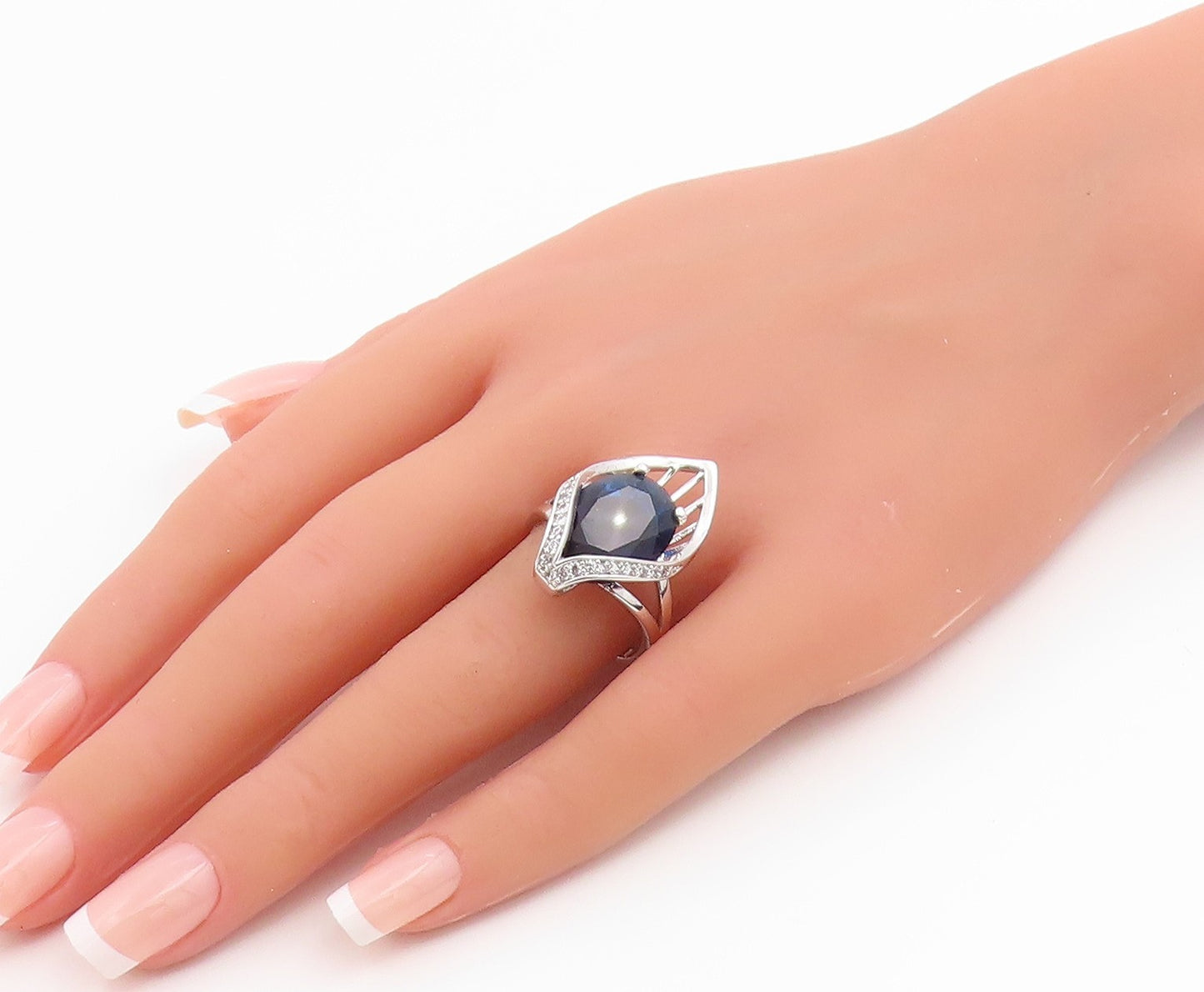 925 Sterling Silver Vintage Ring Modernist Sapphire & Topaz  Sz 9.5  RG35483