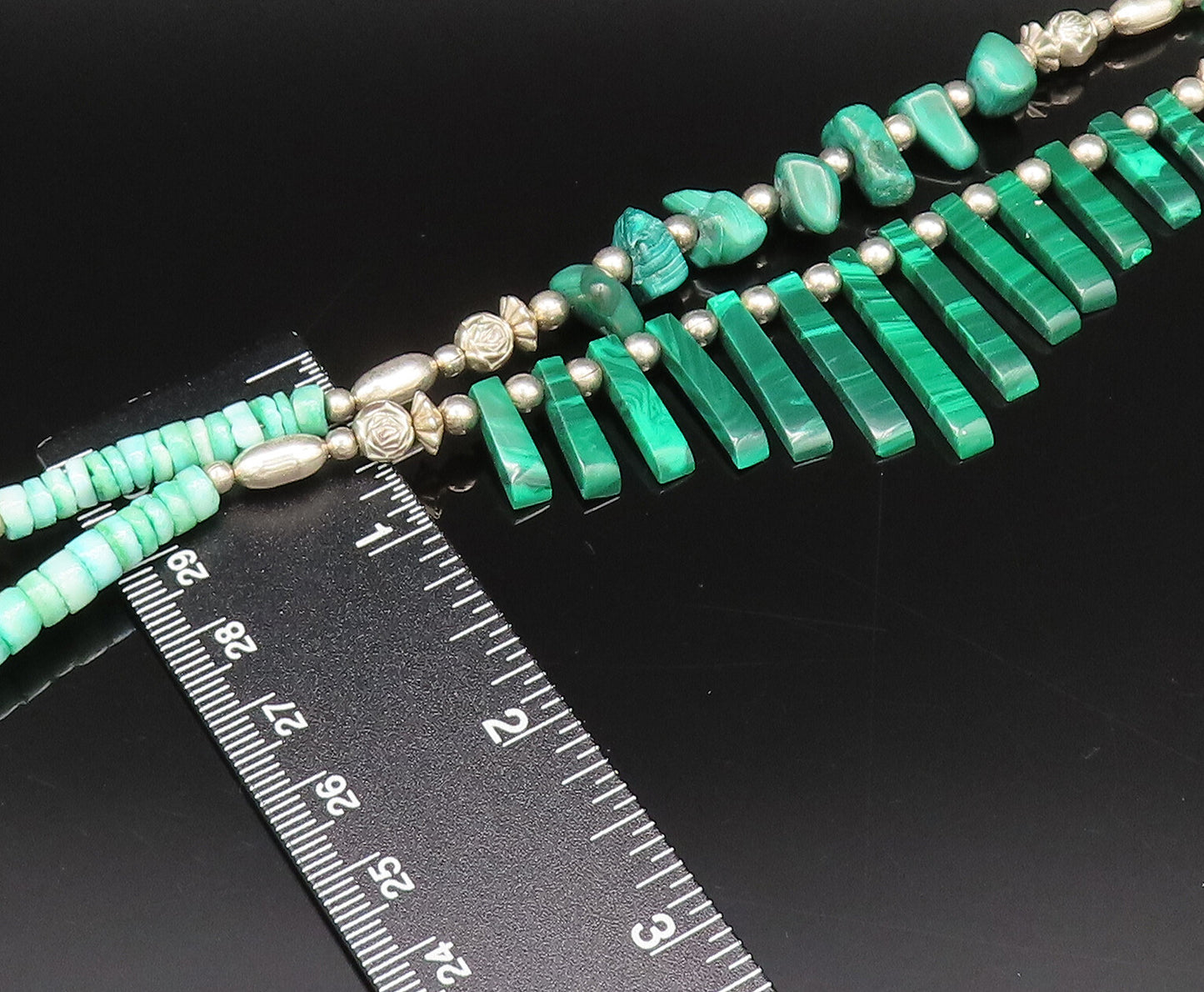 925 Silver  Vintage Two Strand Malachite & Floral Beads Necklace  NE4012