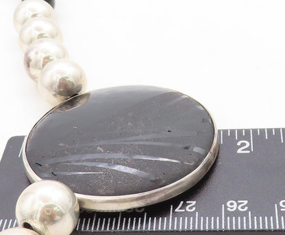 925 Sterling Silver  Vintage Black Onyx Shiny Ball Bead Chain Necklace  NE1080
