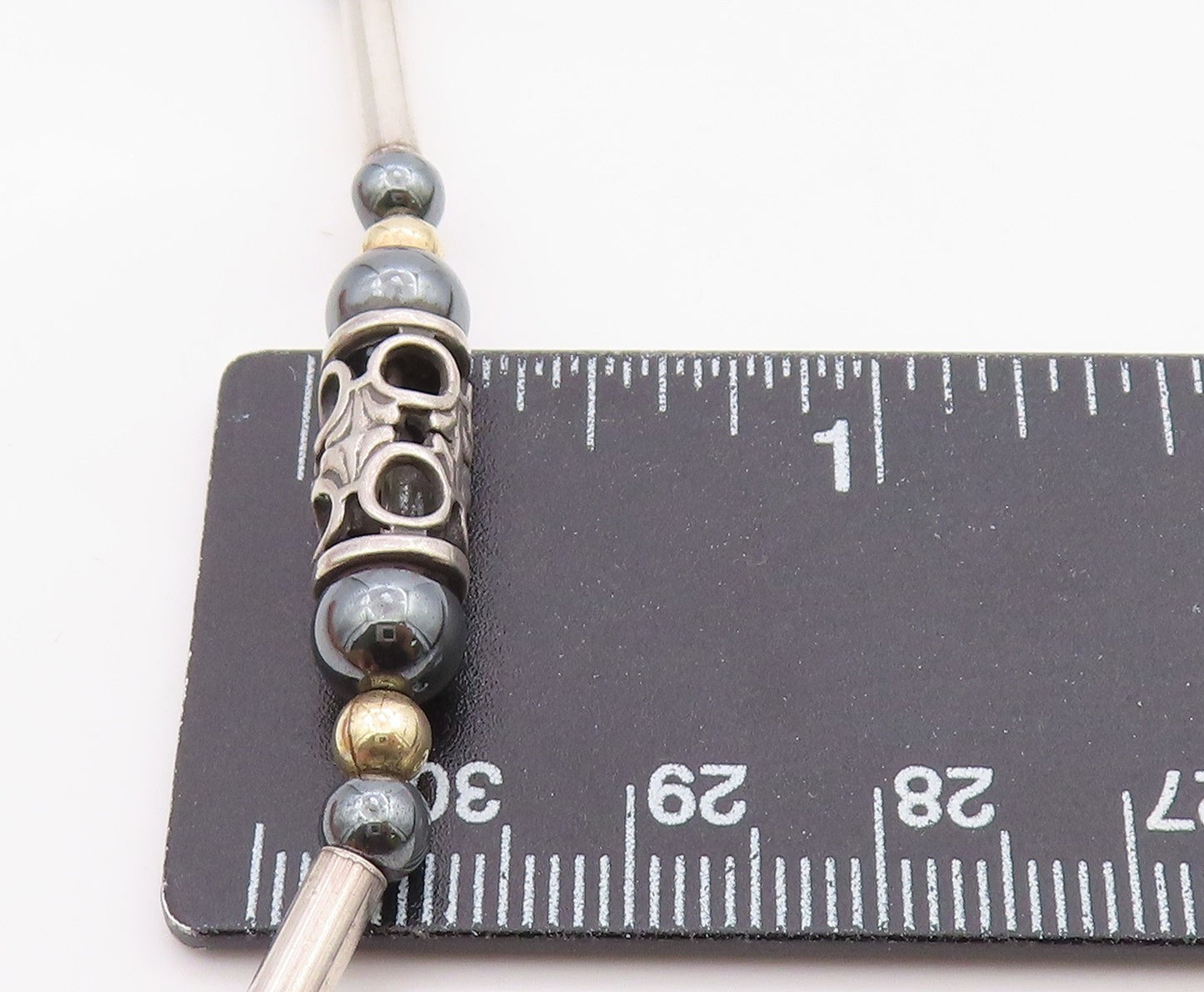 925 Sterling Silver Vintage Necklace Two Tone Hematite Bead & Barrel Tube NE4132