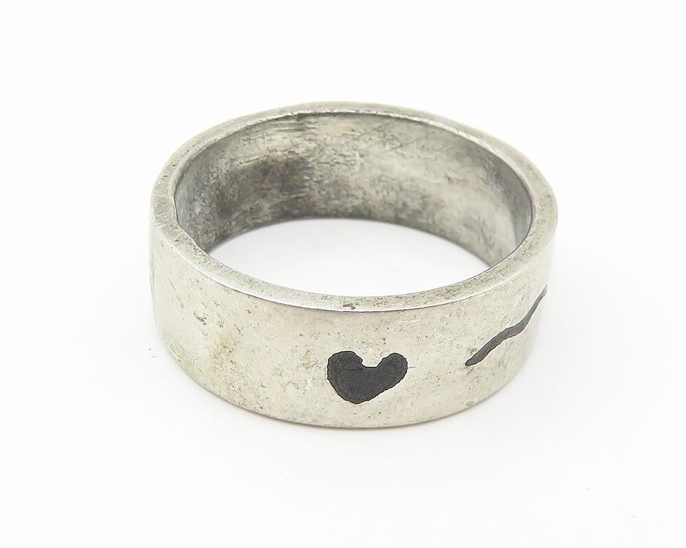 925 Sterling Silver  Vintage Love Heart Scribble Smooth Band Ring Sz 8 RG10712