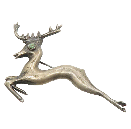 MEXICO 925 Silver Vintage Antique Turquoise Eye Reindeer Brooch Pin BP7013