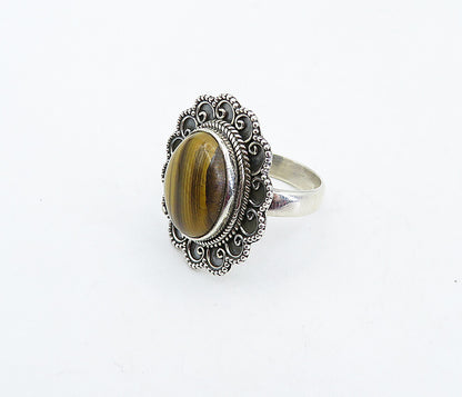 925 Sterling Silver  Vintage Tiger's Eye Swirl Wheat Cocktail Ring Sz 8 RG4486