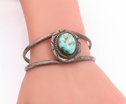 925 Sterling Silver Vintage Bracelet NAVAJO Split Cuff Roped Turquoise  BT11229