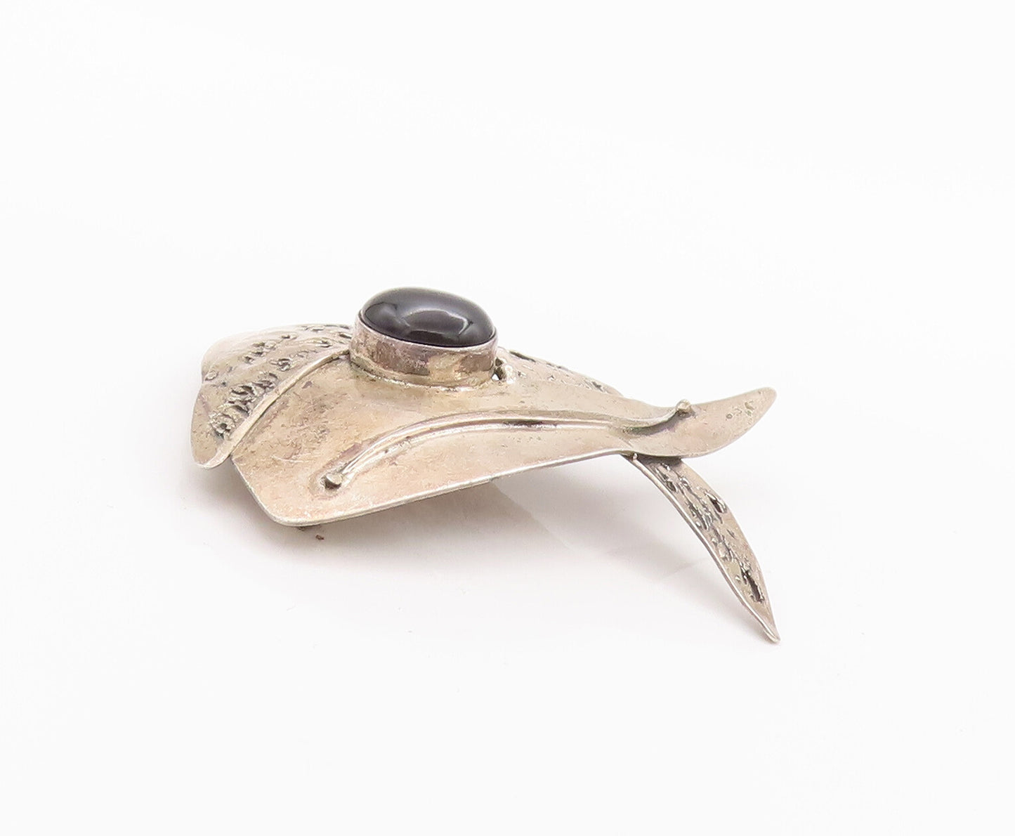 925 Sterling Silver Vintage Brooch Pin Designer Scratched Cabochon Onyx  BP10719