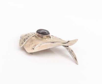 925 Sterling Silver Vintage Brooch Pin Designer Scratched Cabochon Onyx  BP10719
