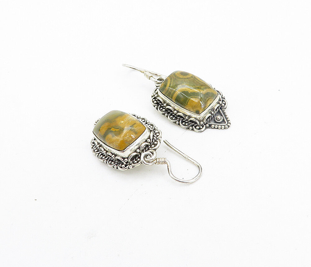 925 Sterling Silver  Vintage Cabochon Cut Agate Swirl Dangle Earrings  EG3710